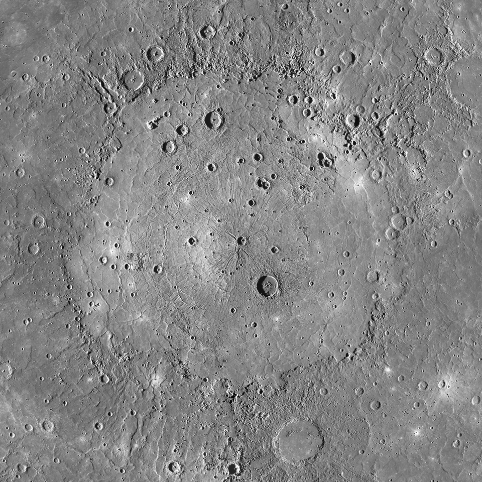 A detailed close-up image of Mercury's Caloris impact basin.