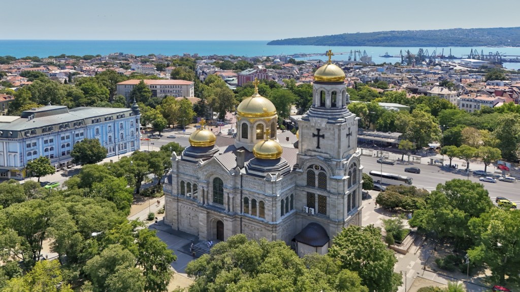 An areal photograph of Dormition of the Virgin Mary Cathedral in Varna, Bulgaria.