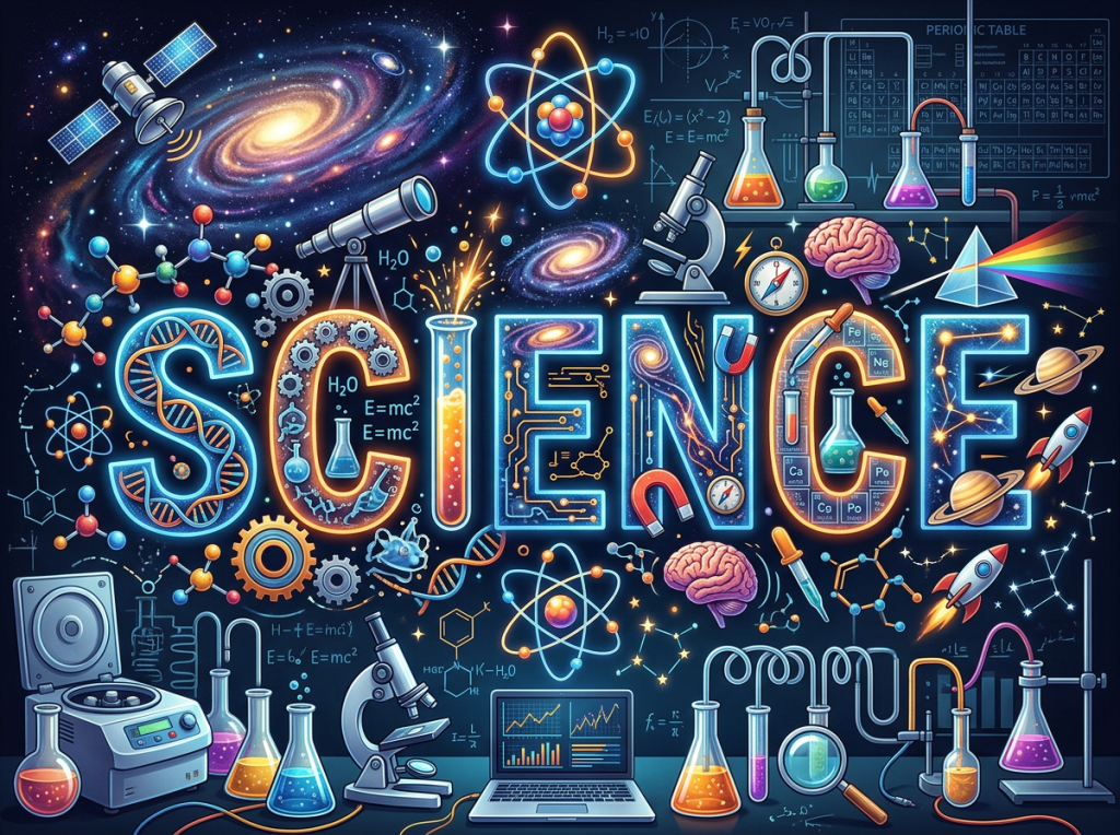 Illustration featuring scientific elements like DNA, microscopes, atoms, flasks, brain, rockets, and galaxies surrounding the word SCIENCE