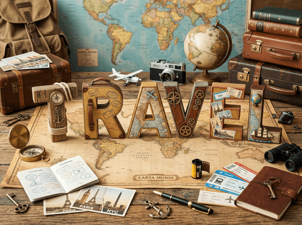Travel-themed wooden letters on a world map surrounded by passports, tickets, camera, globe, and suitcases
