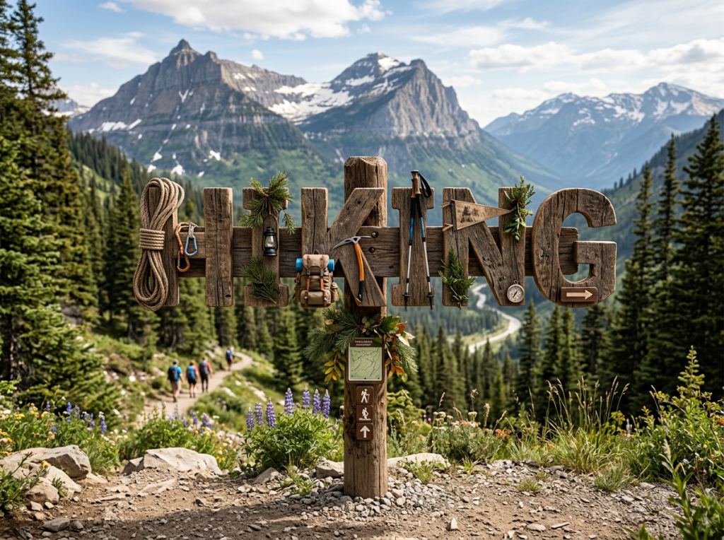 Wooden hiking sign with gear and mountain trail with hikers