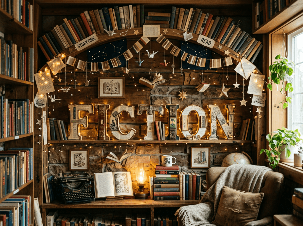 Cozy reading nook with 'FICTION' lit letters, books, typewriter, and plants