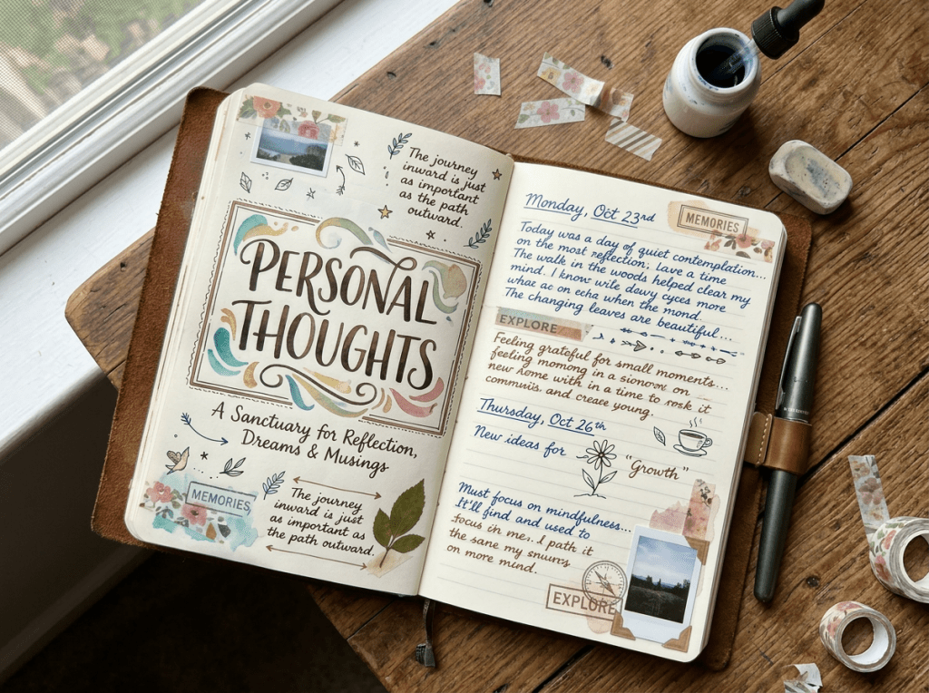 Open personal journal with handwritten mindfulness and reflection entries, colorful decorations, and photos