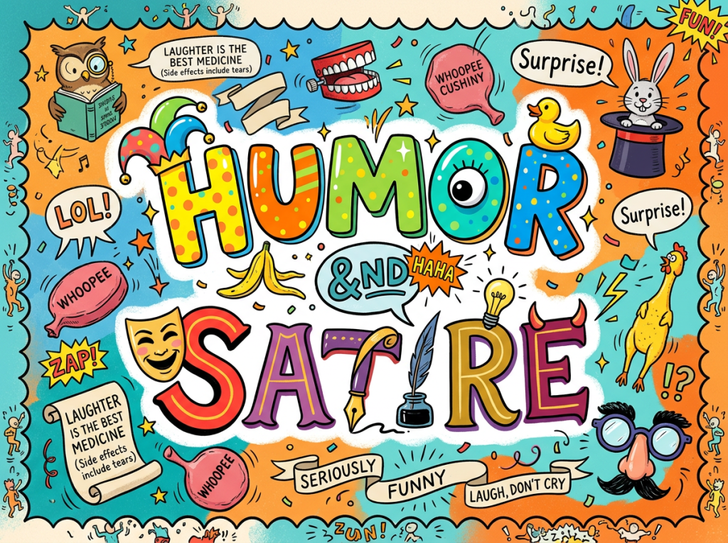 Colorful illustrated words humor and satire surrounded by comedy icons and humorous phrases