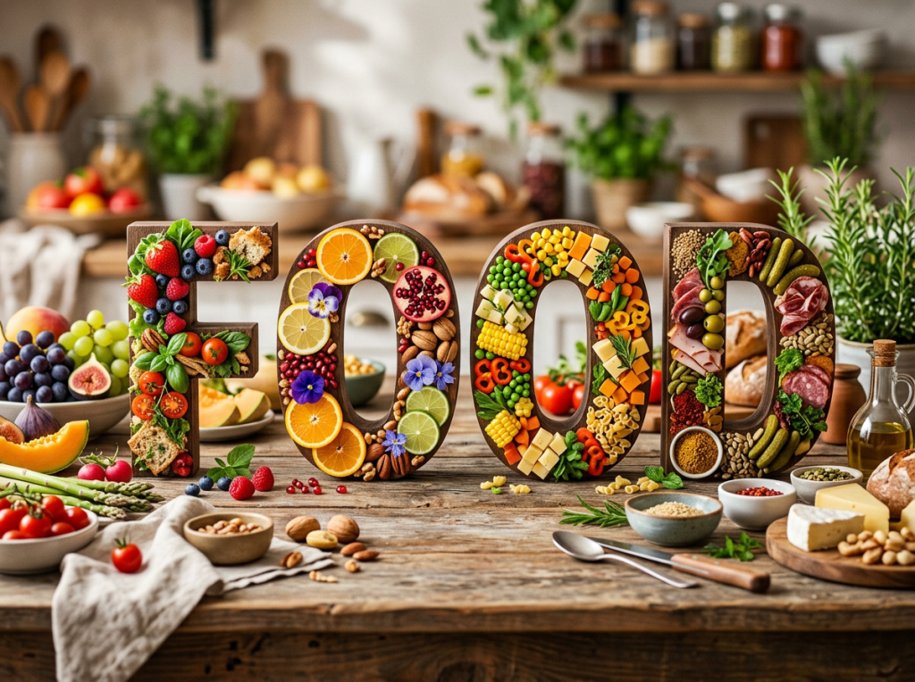 'FOOD' spelled with various fresh fruits, vegetables, nuts, and meats on wooden table