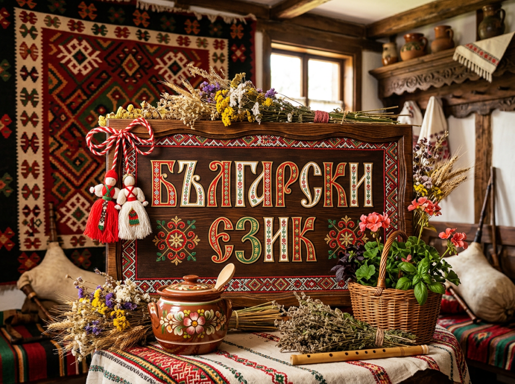 Wooden sign with Bulgarian text surrounded by dried flowers, pottery, woven textiles, and folk dolls